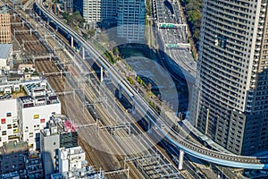 Aerial view of rail tracks in Tokyo, Japan