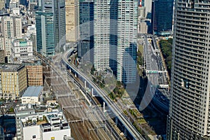 Aerial view of rail tracks in Tokyo, Japan