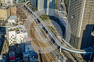 Aerial view of rail tracks in Tokyo, Japan