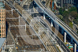 Aerial view of rail tracks in Tokyo, Japan