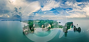 Aerial view of Railay bay beach. Railay, also known as Rai Leh, is a small peninsula between the city of Krabi and Ao Nang in