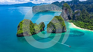 Aerial view Railay Beach and Phra Nang Cave Beach in beautiful bay in Krabi province, tropical coast with paradise beache, Krabi, photo