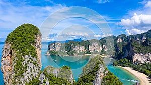 Aerial view Railay East Beach beautiful bay in Krabi province, tropical coast with paradise beach, Thailand