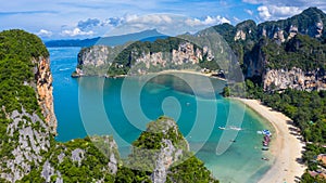 Aerial view Railay East Beach beautiful bay in Krabi province, tropical coast with paradise beach, Thailand