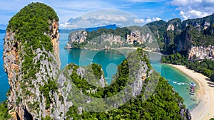 Aerial view Railay East Beach beautiful bay in Krabi province, tropical coast with paradise beach, Thailand