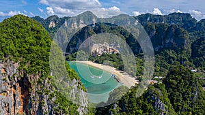 Aerial view Railay East Beach beautiful bay in Krabi province, tropical coast with paradise beach, Thailand