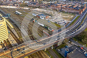 Aerial view of railroad station