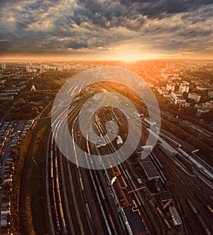 Aerial view of railroad station at sunset
