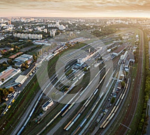 Aerial view of railroad station at sunset