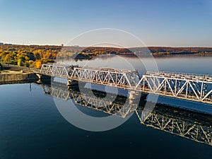 Aerial view of railway bridge over Voronezh river