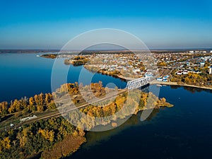 Aerial view of railway bridge over Voronezh river