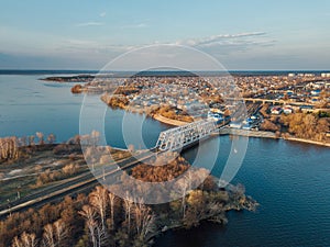 Aerial view of railway bridge over Voronezh river