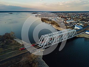 Aerial view of railway bridge over Voronezh river