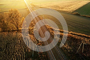 Aerial view of railway countryside landscape at sunset