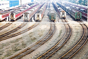 Aerial view for the Railway Hub with many row of carriages parking. photo