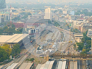 An aerial view of the railway station in the central of the city.