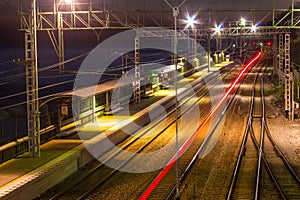 Aerial view of railway station at dusk