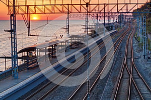 Aerial view of railway station at sunset