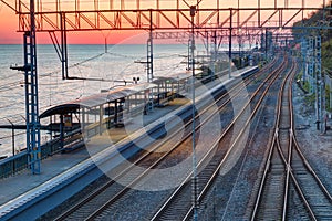 Aerial view of railway station at sunset