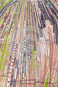 Aerial view of railways lines and freight trains of the station. It is major railway station and transportation hub