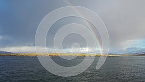 Aerial view of an rainbow above the Atlantic Ocean in Donegal - Ireland