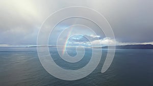 Aerial view of an rainbow above the Atlantic Ocean in Donegal - Ireland