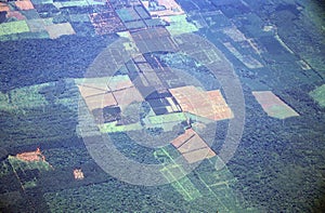 Aerial view of rainforest deforestation in Argentina and Brazil