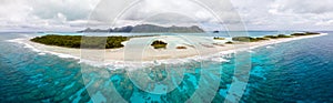 Aerial view of Raivavae island. Tubuai Islands Austral, French Polynesia, Oceania. Reef, motu, lagoon.