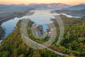 Aerial view of Rajjaprabha dam Kao Sok national park at Suratthani, Thailand