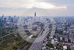 Aerial view of Rama 9 road, New CBD, Bangkok Downtown, Thailand. Financial district and business centers in smart urban city in