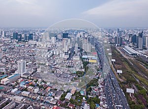 Aerial view of Rama 9 road, New CBD, Bangkok Downtown, Thailand. Financial district and business centers in smart urban city in