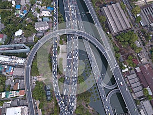 Aerial view of Rama 9 road, New CBD, Bangkok Downtown, Thailand. Financial district and business centers in smart urban city in