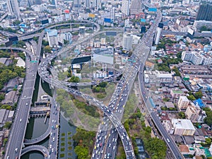 Aerial view of Rama 9 road, New CBD, Bangkok Downtown, Thailand. Financial district and business centers in smart urban city in