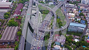 Aerial view of Rama 9 road, New CBD, Bangkok Downtown, Thailand. Financial district and business centers in smart urban city in