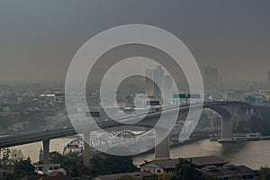 Aerial view of Rama III Bridge  and the nearby The Krungthep Bridge cross over Chao Phraya river, Landscape view of river and the