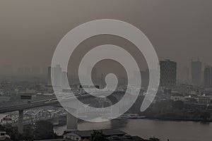 Aerial view of Rama III Bridge  and the nearby The Krungthep Bridge cross over Chao Phraya river, Landscape view of river and the