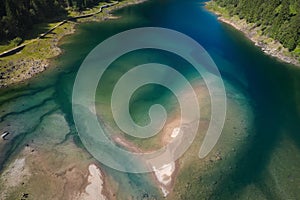 aerial view of the ramifications of the lake of paneveggio trentino