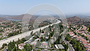 Aerial view of Rancho Bernardo town and express highway, South California