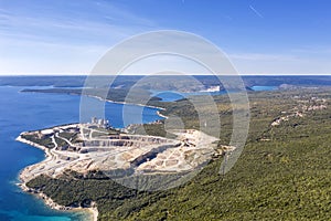 An aerial view of Rasa bay and cement factory Koromacno, Istria, Croatia