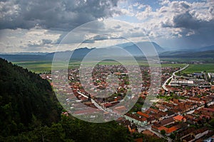 Aerial view of Rasnov city from Romania. View from the city`s fortress