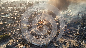 Aerial view of a ravaged neighborhood
