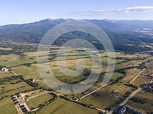 Aerial view of Razlog Valley near town of Bansko, Bulgaria