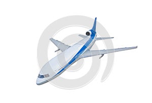 Aerial view of a real plane, aircraft, or airplane isolated on white background in travel trip and transportation concept