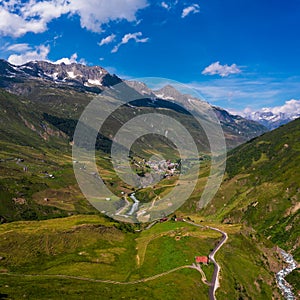 Aerial view of the Realp village and the Reuss river in Switzerland