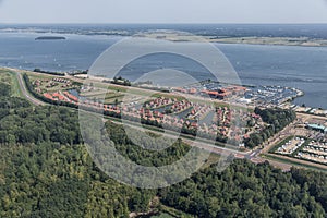 Aerial view recreation park and harbor in Dutch province Flevoland