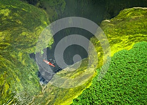 Aerial view of red kayak in the delta