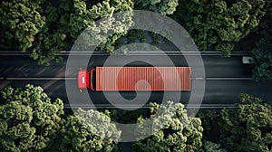 Aerial View of Red Logistic Truck on Highway in Lush Environment