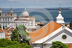 Aerial view of the red roofs of Alfama the historic area of Lisbon on the coast of the Atlantic Ocean.