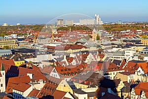 Aerial view of red roofs in old city, Munich, Germany