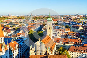 Aerial view of red roofs in old city, Munich, Germany